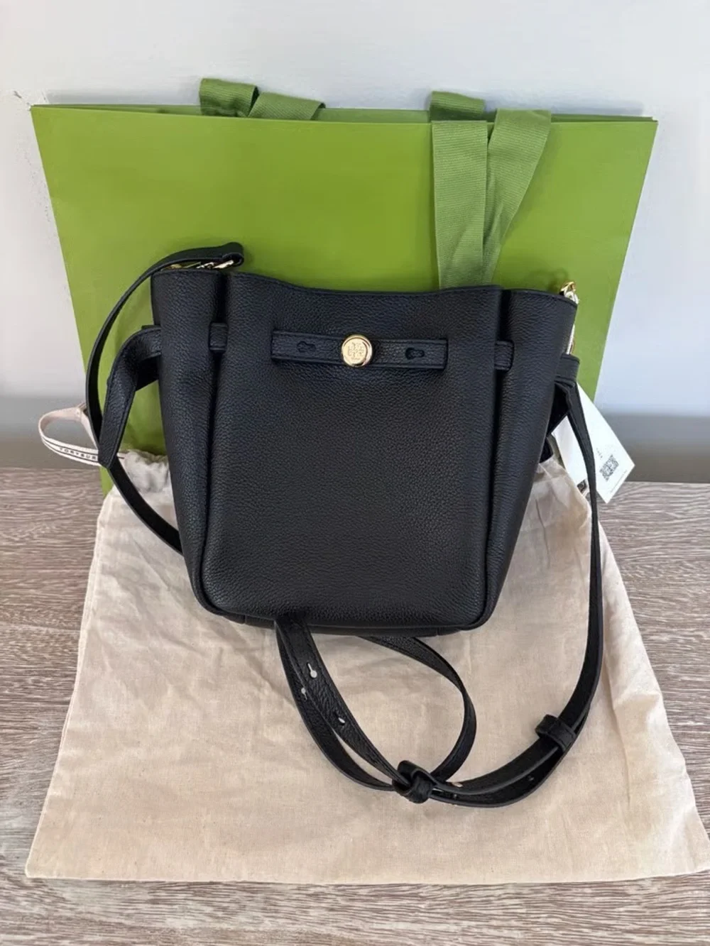 Tory Burch Black Pebbled Leather Crossbody with Gold Button